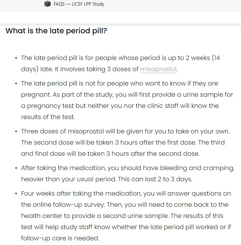 Missed Period Pills or Late Period Pill abortion study at UCSF (Image: PeriodPillStudy.org) 