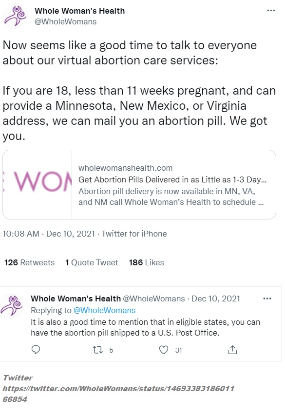 Image: Whole Woman's Health Tweet suggests shipping abortion pills to US Post Office (Image: Twitter)