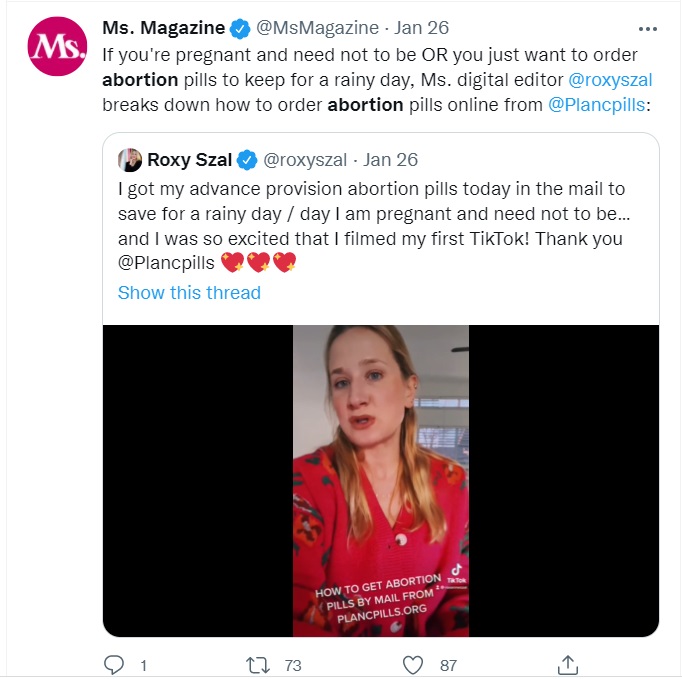 Image: Ms. Magazine editor claims she got advanced provision of abortion pills from Aid Access (Image: Twitter)