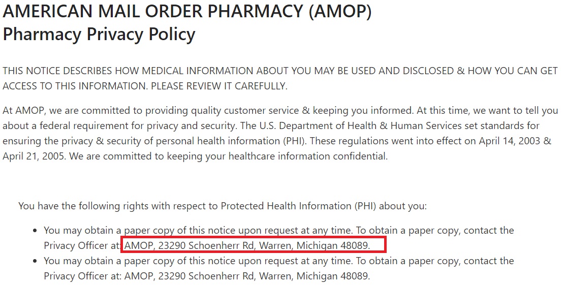 Image: Abortion Pill Pharmacy AMOP privacy notice