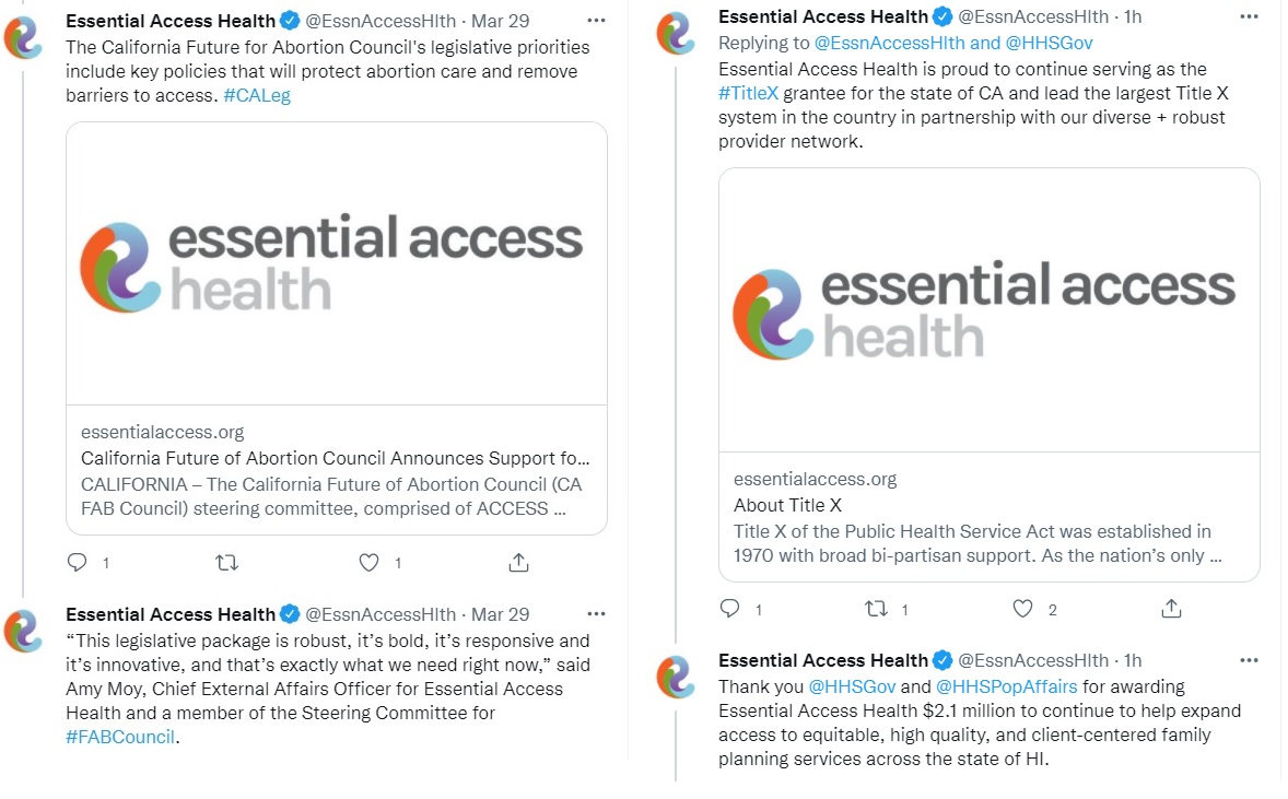 Image: Essential Access Health Part of California Future for Abortion Council a TitleX grantee (Image: Twitter)