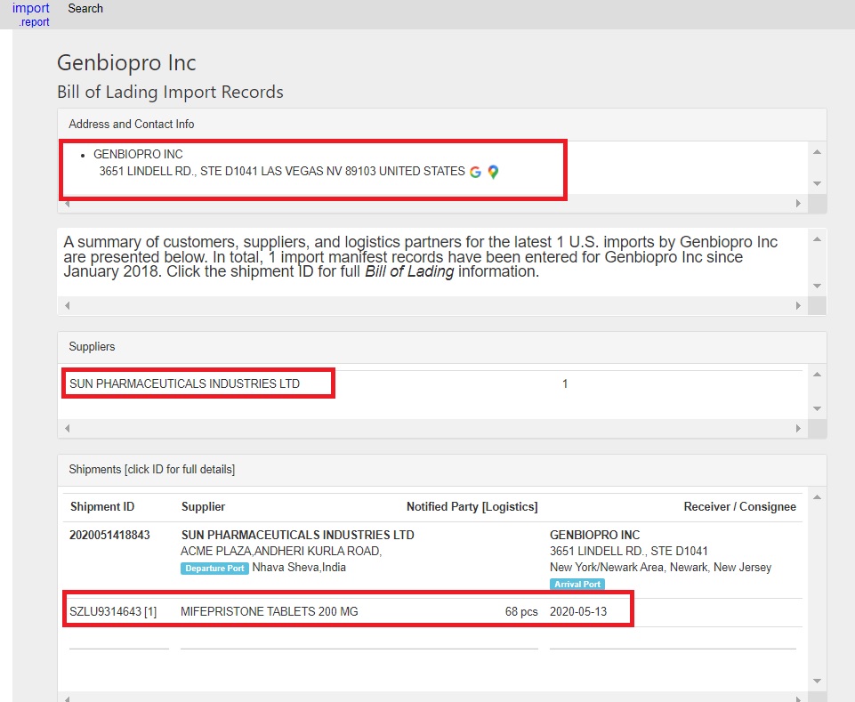 Image: GenBioPro FDA Import Report abortion pills by Sun Pharmaceuticals