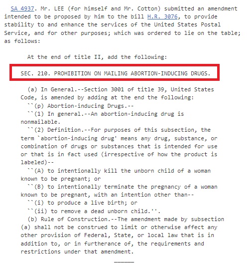 Image: Mike Lee Postal Reform amendment to prohibit abortion drugs
