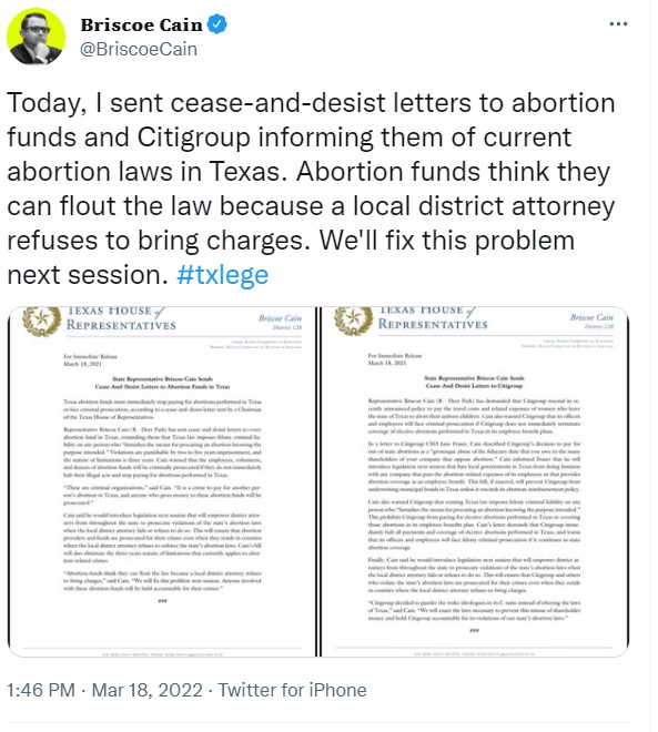 Texas House Rep Briscoe Cain cease letter to Citigroup over abortion Image Twitter