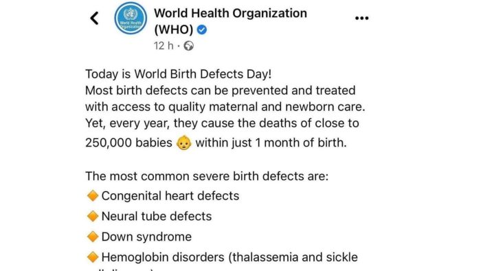 World Health Organization social media post lists Down syndrome as a birth defect to be ‘prevented’