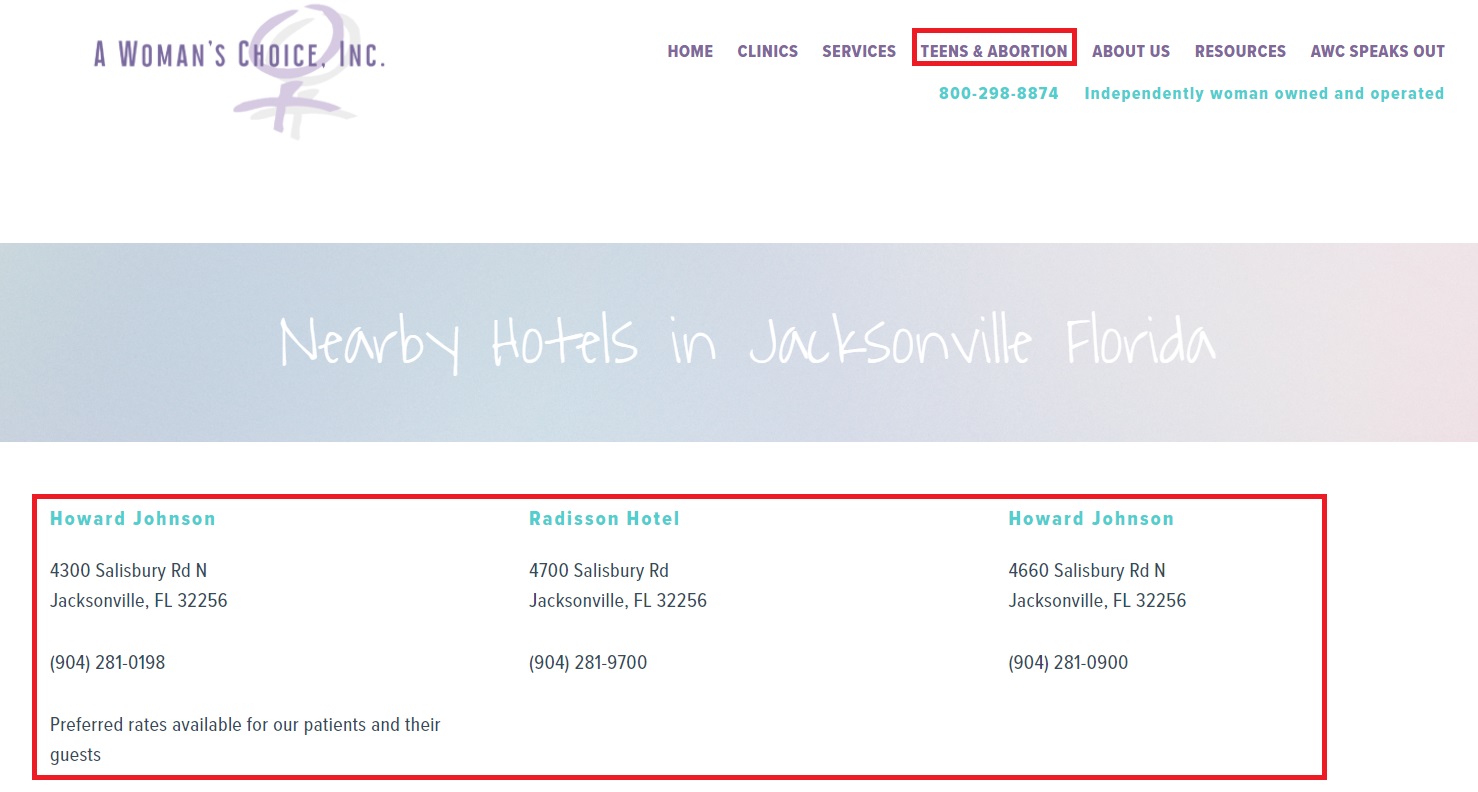 A Woman’s Choice abortion clinic in Jacksonville lists preferred rates at Howard Johnson and Radisson Hotel for clients
