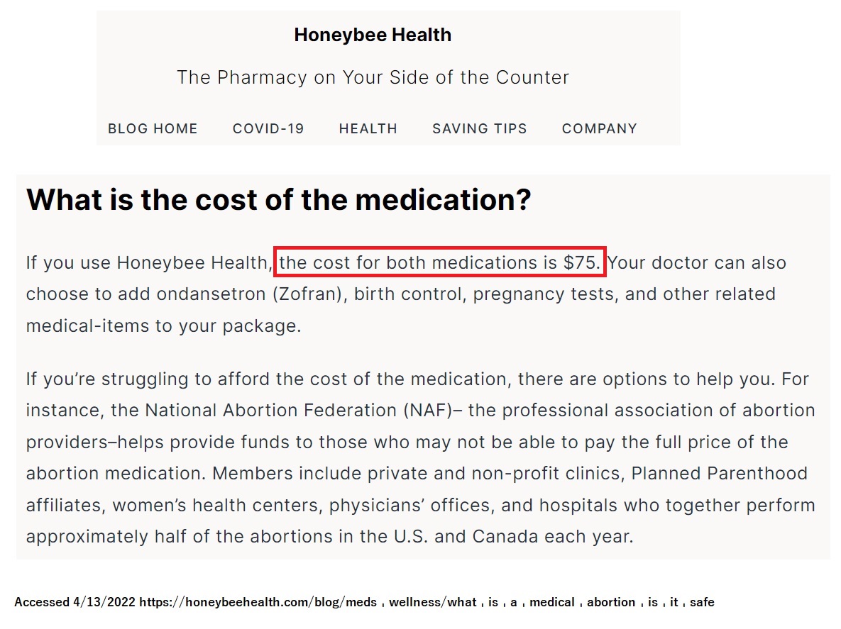 Abortion pill pharmacy Honeybee Health charges $75 for abortion pill