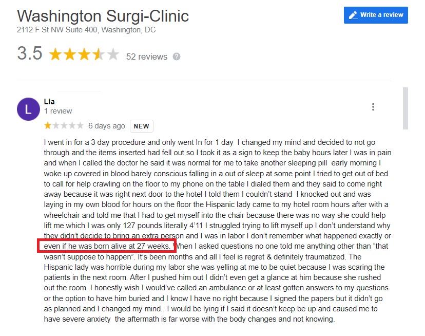 Washington Surgi Clinic Google review of possible baby born alive after abortion attempt