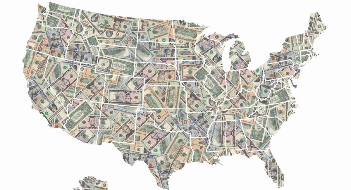 United States of America map formed with american dollars bills isolated on white background