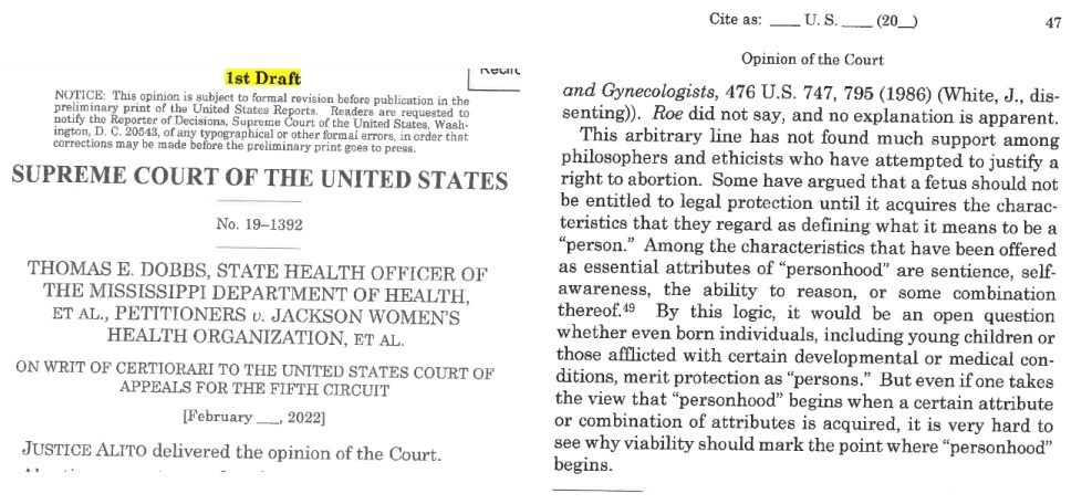 Image: Supreme Court draft opinion in Dobbs on personhood