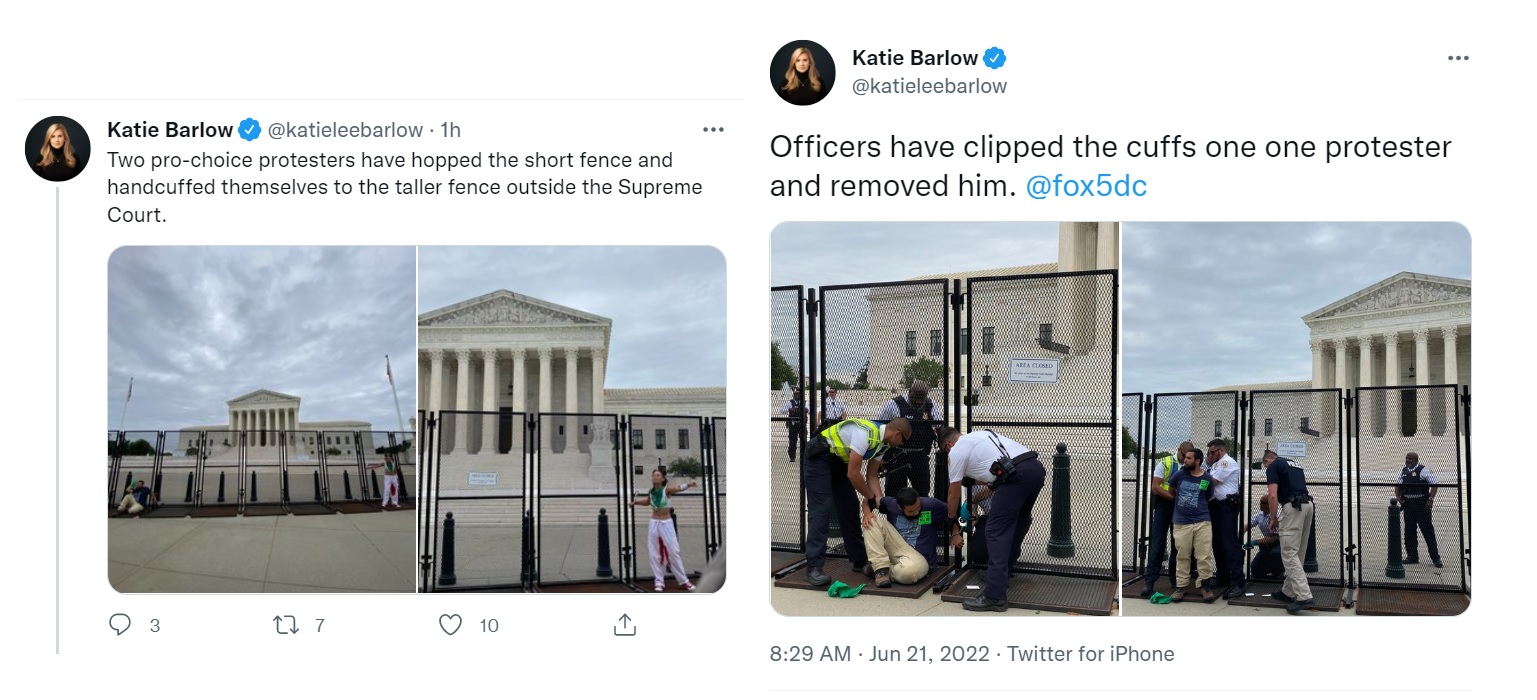 Image: Abortion protesters handcuff themselves to the Supreme Court Fence June 22 (Images: Katie Barlow Twitter)