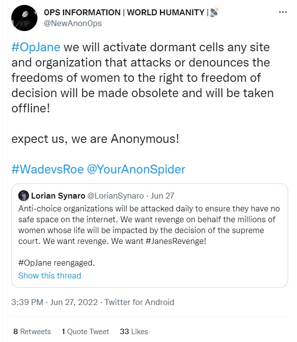 Image: Anonymous group with hashtag OpJane threatens cyber-attacks on pro-life websites (Image: Twitter)