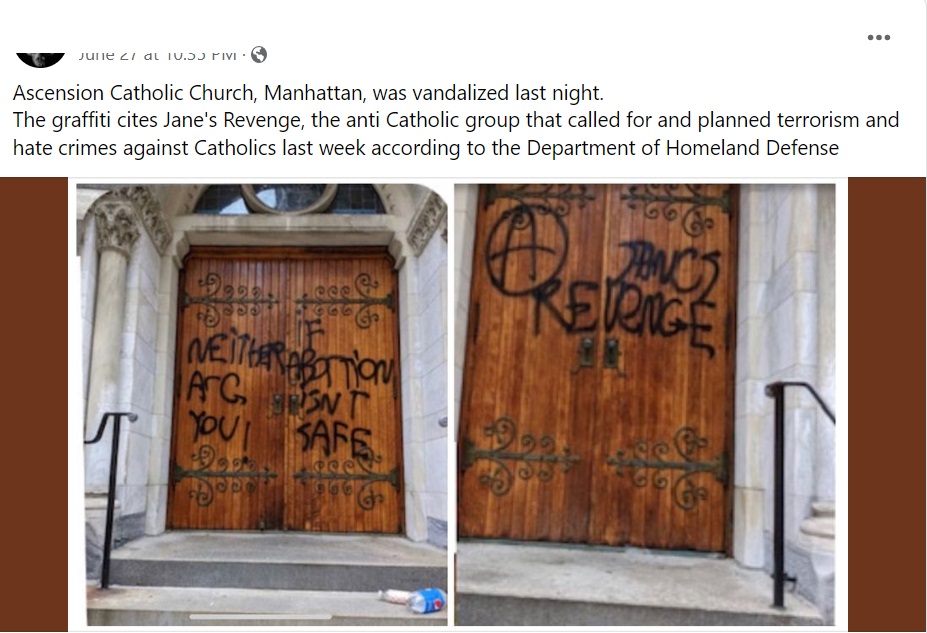 Image: Ascension Catholic Church in NYC vandalized with proabortion Janes Revenge threat (Image: Facebook) 