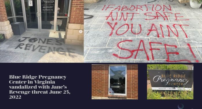 Image: Blue Ridge Pregnancy Center vandalized with Jane's Revenge threat