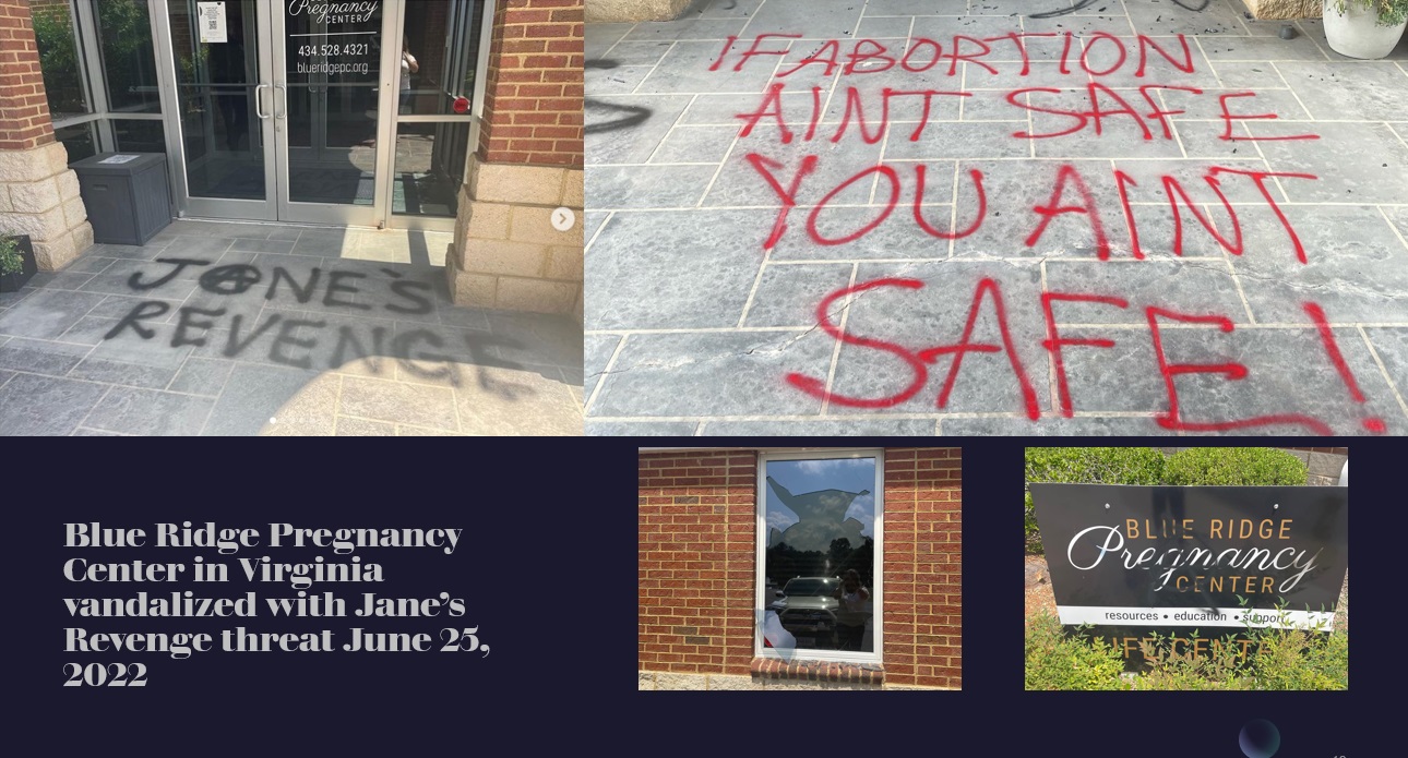 Image: Blue Ridge Pregnancy Center vandalized with Jane's Revenge threat 