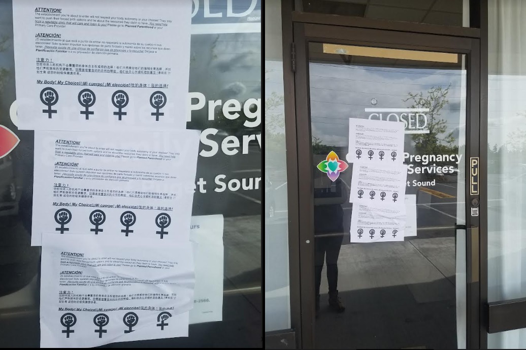 Image: Care Net Puget Sound Federal WA vandalized with posters directing clients to Planned Parenthood