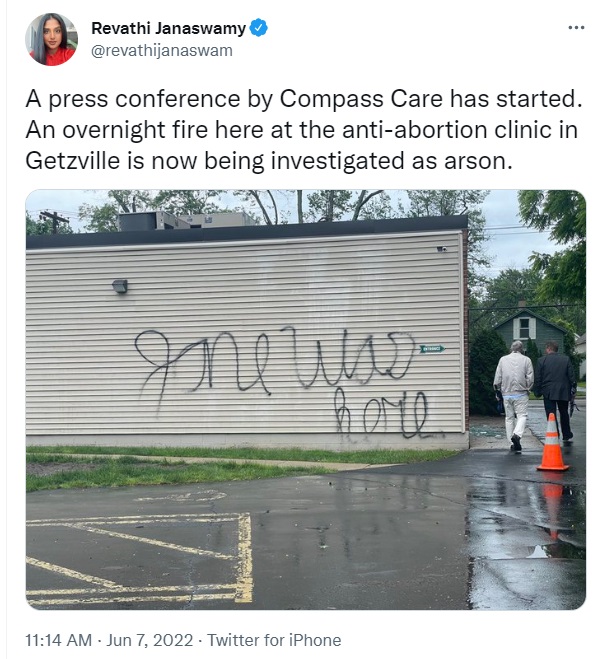 Image: CompassCare Pregnancy Services buffalo NY Firebombed with message "Jane Was Here" (Image: Twitter) 