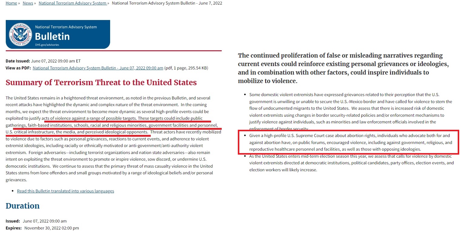 Image: Department of Homeland Security June 7 alert on potential violence