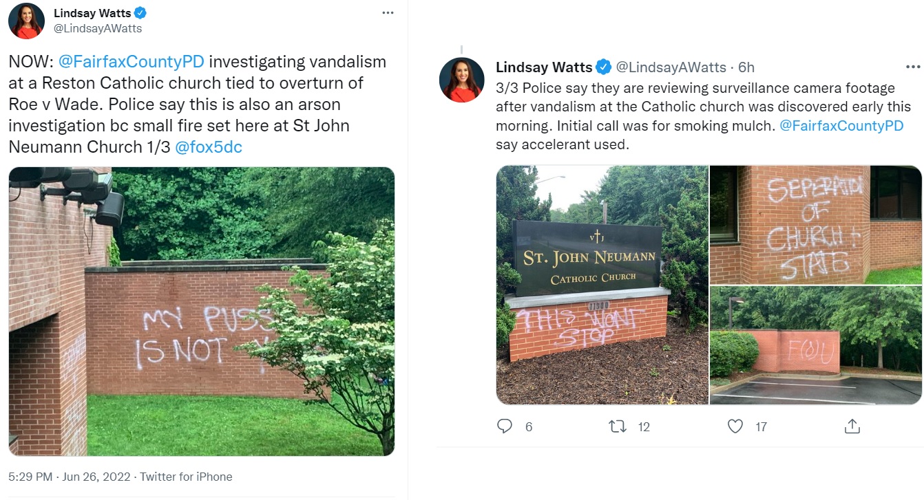 Image: Graffiti abortion messages at St John Neuman Catholic Church on Reston VA. (Images: Twitter) 