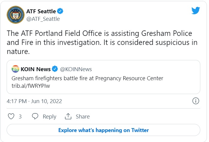 Image: Gresham pro-life Pregnancy Center fire investigated by AFT (Image: Twitter)