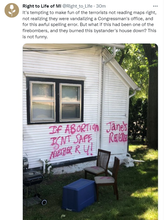 Home near pro life offices in Michigan targeted June 22 by pro-abortion zealots Image Twitter