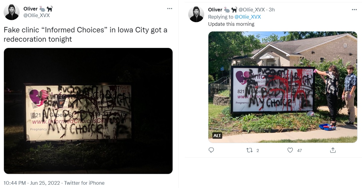 Image: Informed Choices pregnancy resource center vandalized June 25 Iowa City (Image: Twitter)