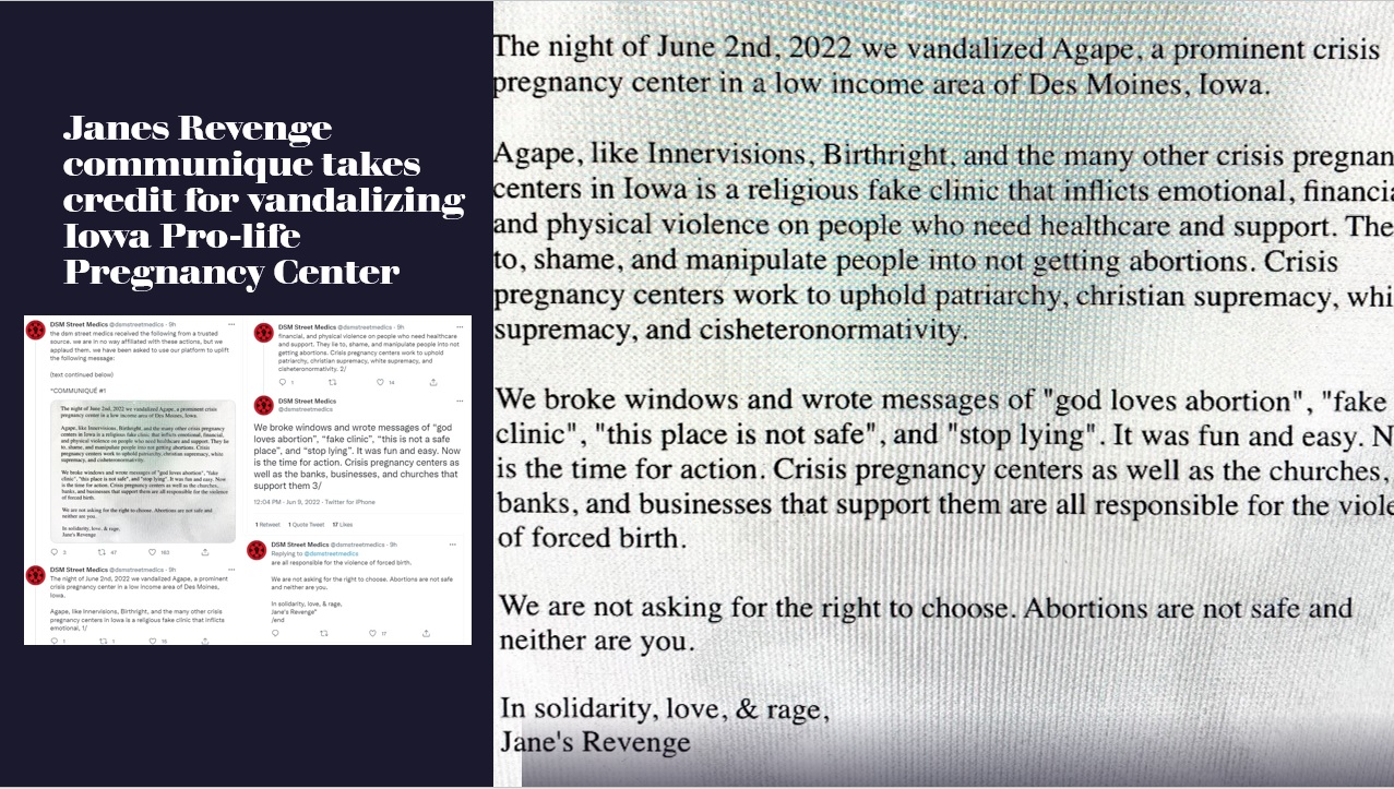 Janes Revenge Communique takes credit for vandalizing Alpha Pregnancy Center in Iowa 2