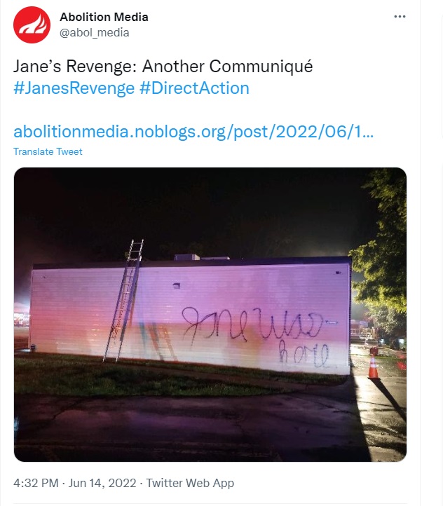 Janes Revenge June 14 communique vows more pro-abortion violence Image Abolition Media on Twitter