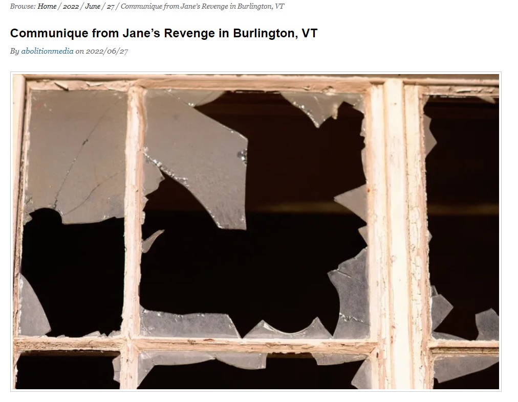 Image: Jane's Revenge Vermont takes credit for vandalizing prolife pregnancy center 