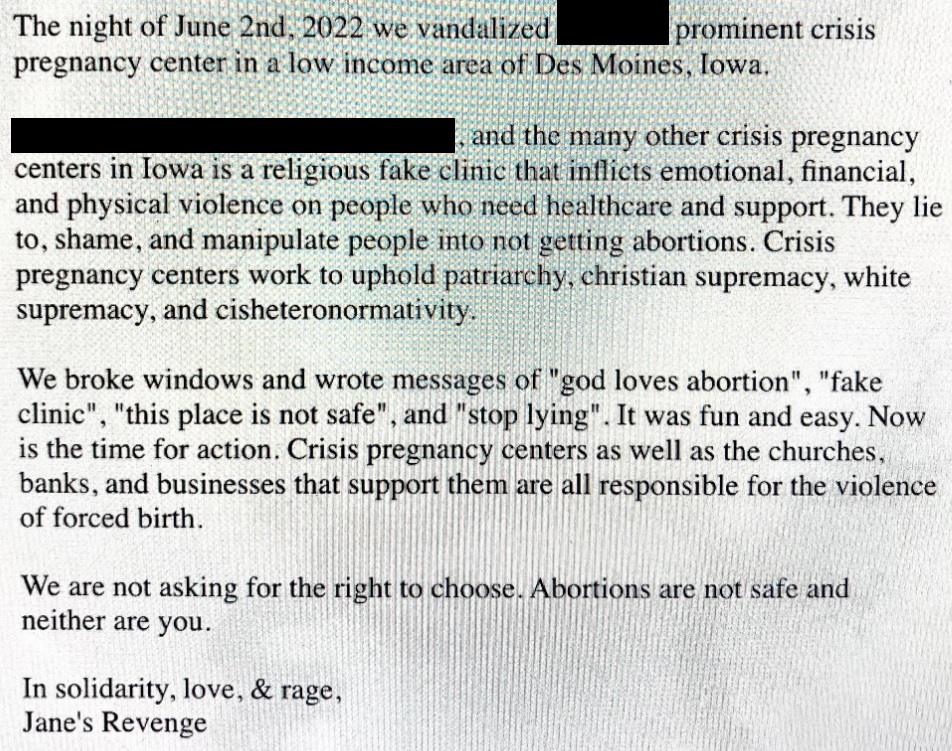 Image: Alleged Jane's Revenge communique takes credit for alleged attack on pro-life pregnancy center