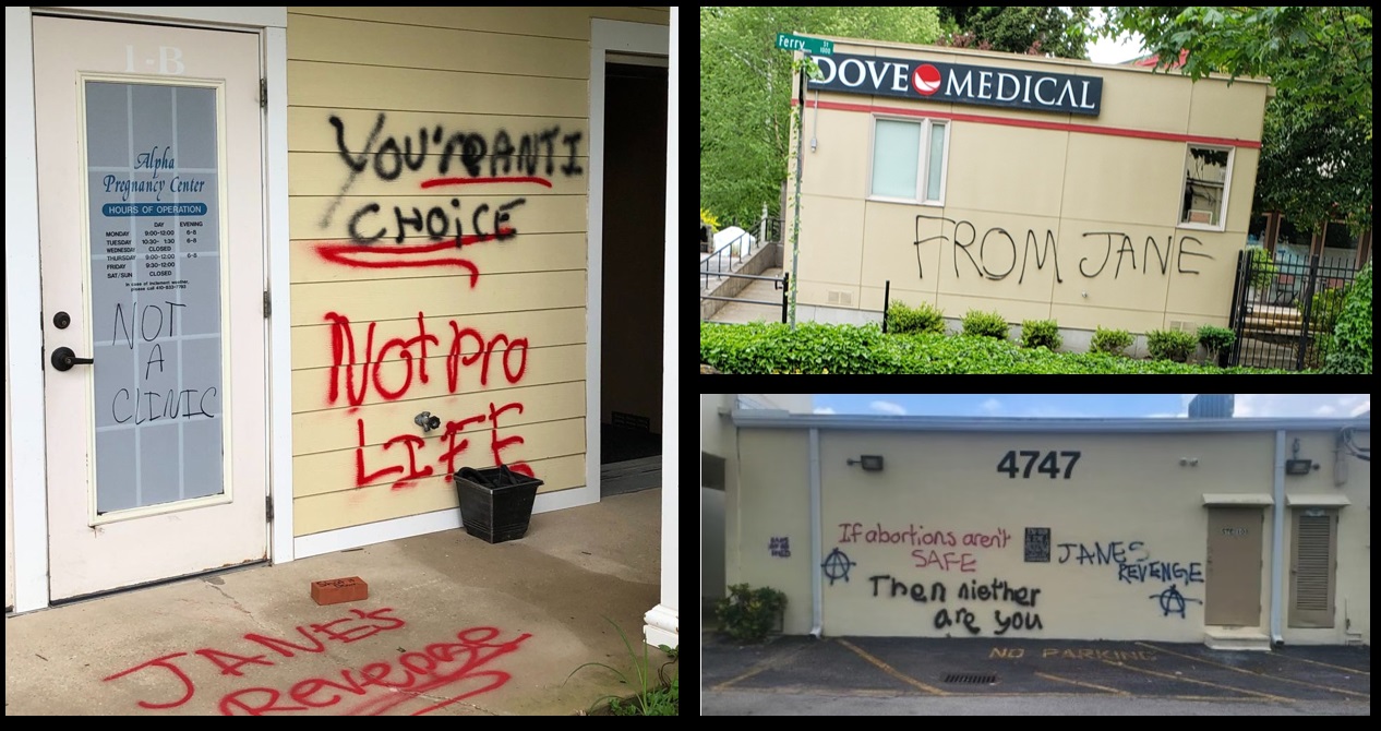 Janes Revenge vandalized messages on prolife pregnancy center