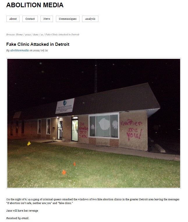 Image: Lennon Center pro-life Pregnancy Center in Dearborn Heights vandalized by abortion extremists June 19 (Image: Abolition Media Blog) 
