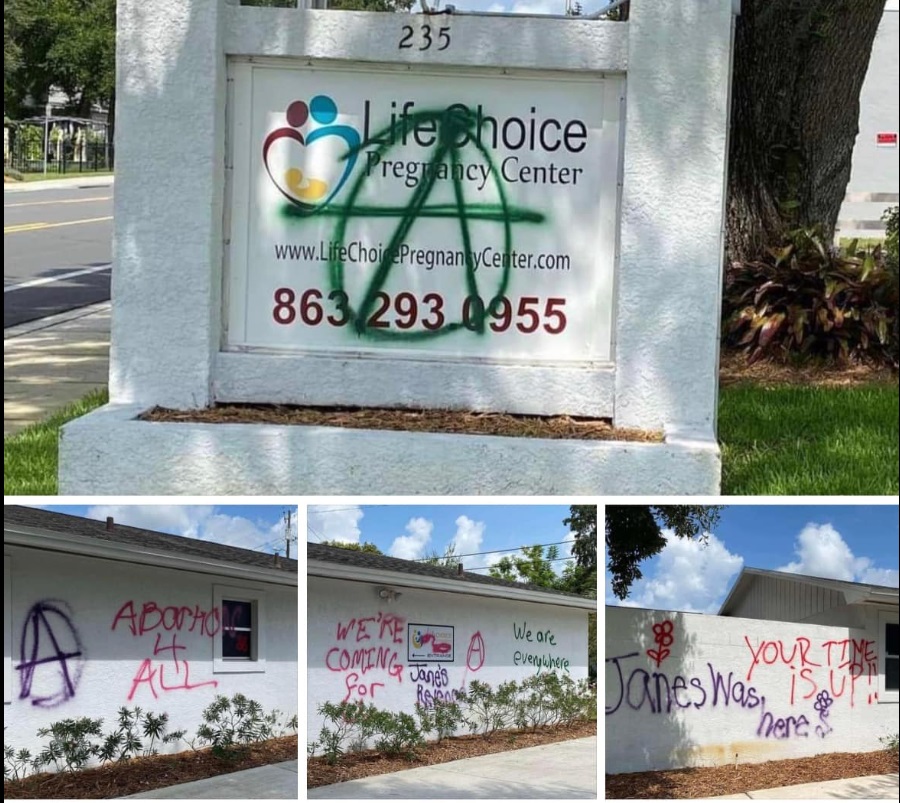 Image: LifeChoice pregnancy center in Winter Haven Florida vandalized with Janes Revenge graffiti (Image: Facebook)