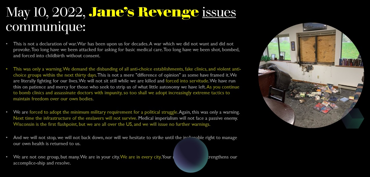 Image: May 10 pro-abortion terrorist group Janes Revenge issues threatening communique