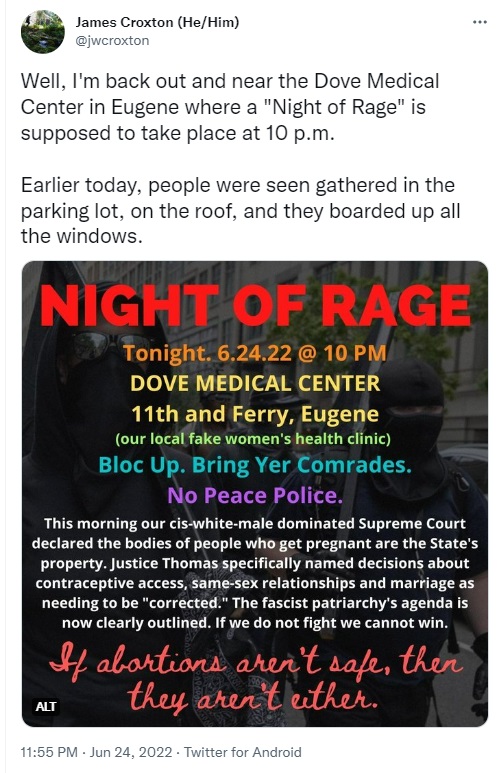 Image: Night of Rage protest at Dove Medical PRC in Eugene planned (Image: Twitter)
