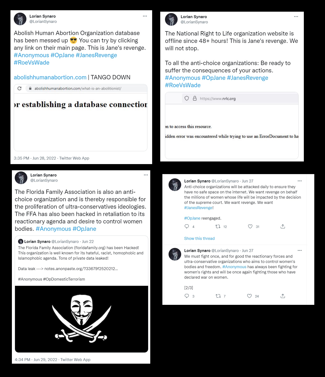 Image: OpJane @LorianSynaro handle tweets multiple cyber-attacks against prolife websites (Images: Twitter)