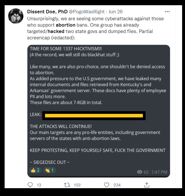 Image: PogoWasRight tweet about abortion cyber attack (Image: Twitter)