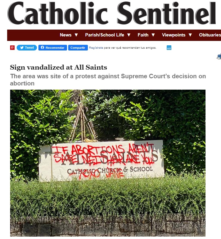Image: Portland All Saints Catholic Church sign vandalized (Image: Catholic Sentinel)
