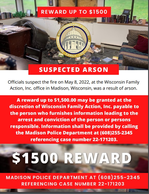 Image: Reward offered by Wisconsin Family Action for fire bomb arson from Janes Revenge