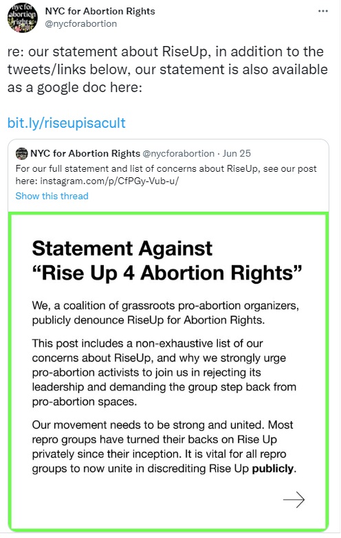 Image: RiseUp4AbortionRights denounced by NYC abortion Rights group (Image: Twitter(