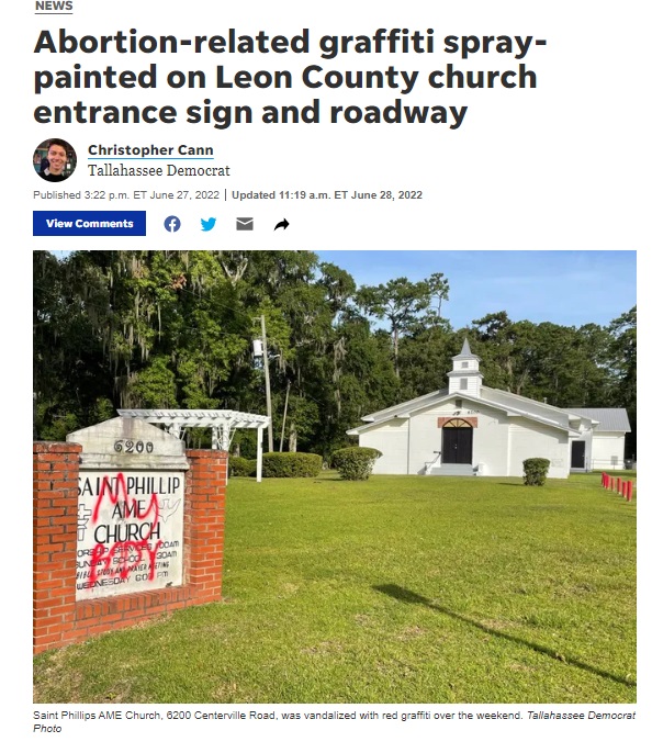 Image: Tallahassee AME church sign spray painted with pro-abortion message (Image: Tallahassee Democrat) 