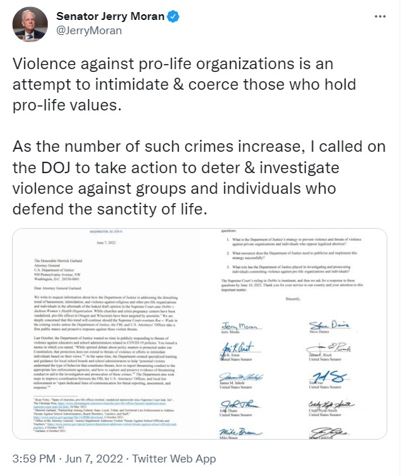 US Senator Jerry Moran calls pro-abortion violence an act of intimidation against prolife orgs Image Twitter