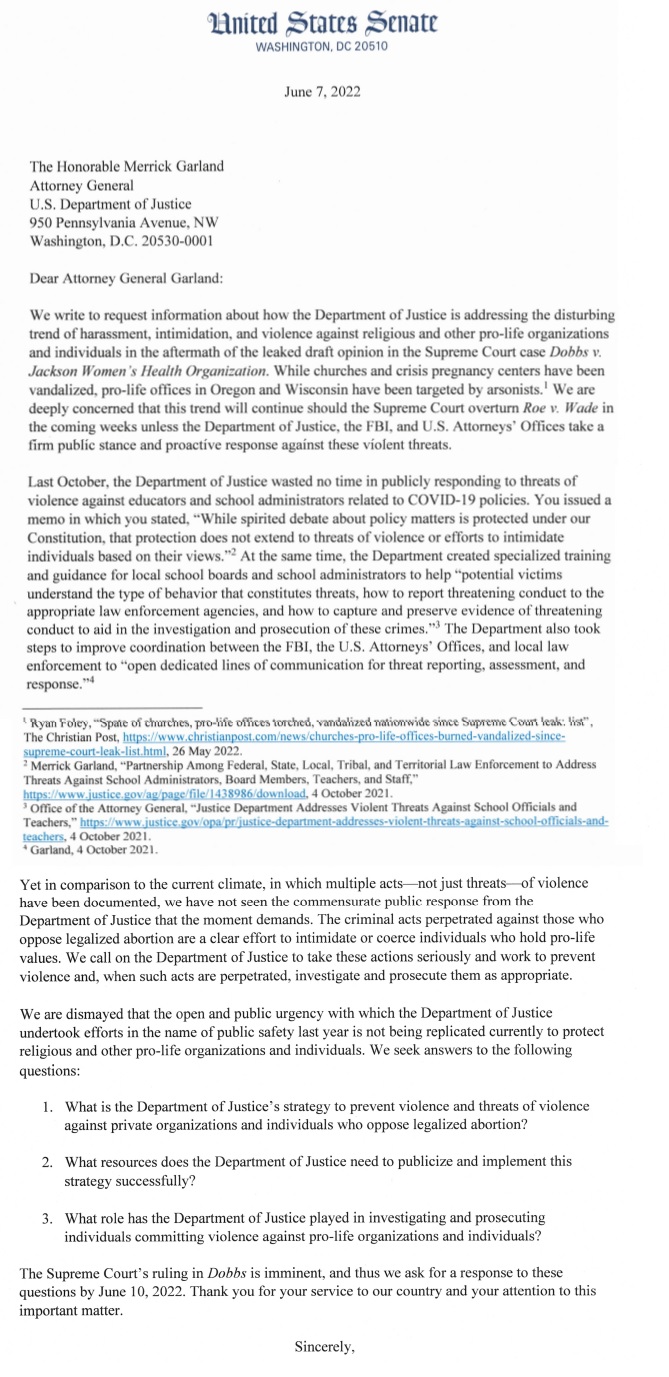 Image US Senators letter ask DOJ to investigate pro-abortion violence against pro-life