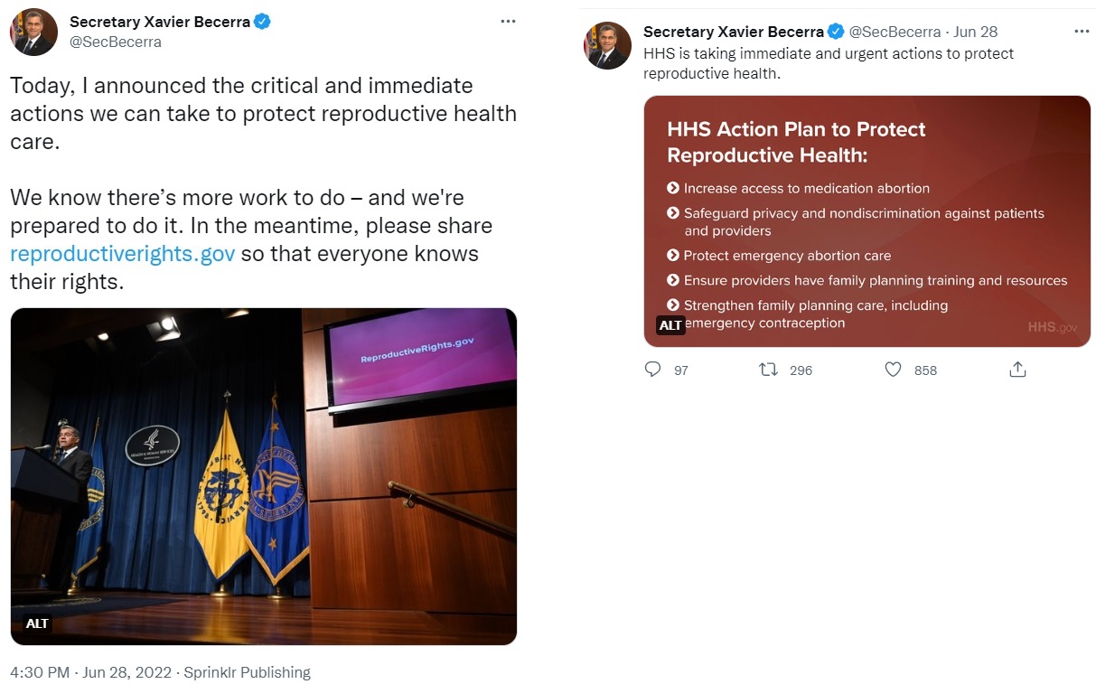 Image: Xavier Becerra with HHS rolls out plan to protect abortion after Roe v Wade overturned by SCOTUS (Image: Twitter)
