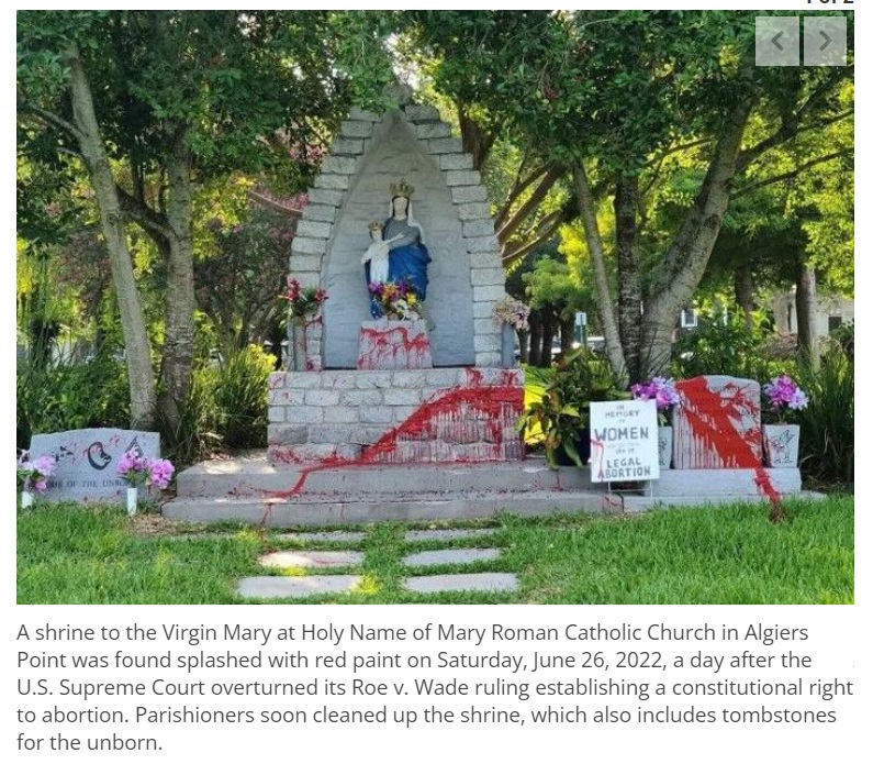 Image: Shrine to Virgin Mary at Holy Name of Mary Roman Catholic Church in Algiers vandalized (Image posted to Nola.com) 
