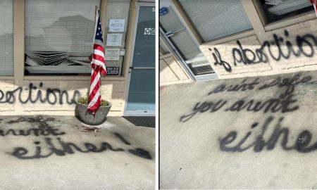 Image: Care Net of Puget Sound Kenmore WA center vandalized with burnt flag