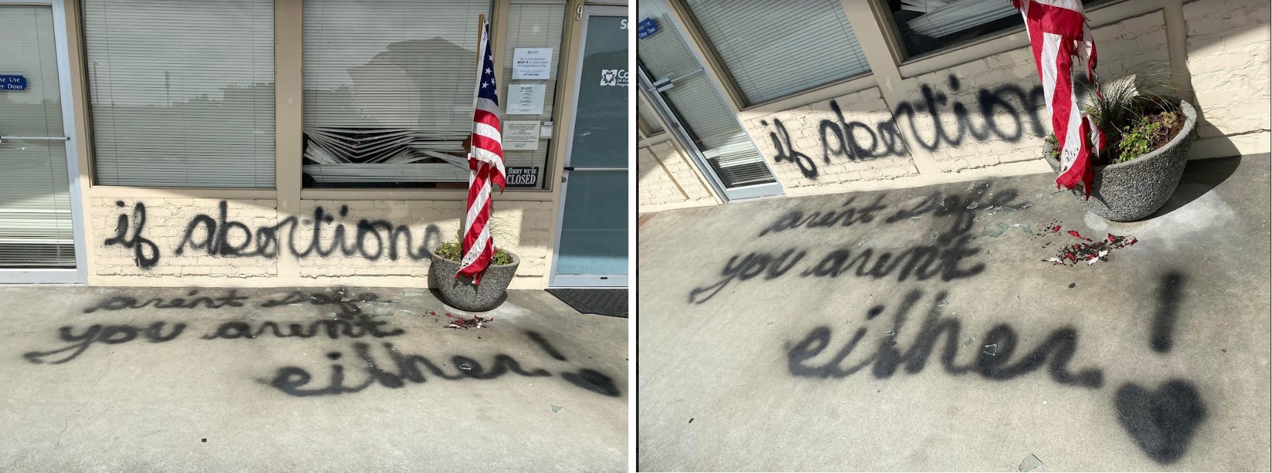 Image: Care Net of Puget Sound Kenmore WA center vandalized with burnt flag