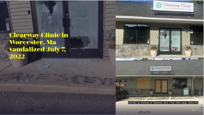 Image" Clearway Clinic in Worcester, MA vandalized July 7 2022 and tagged Jane's Revenge
