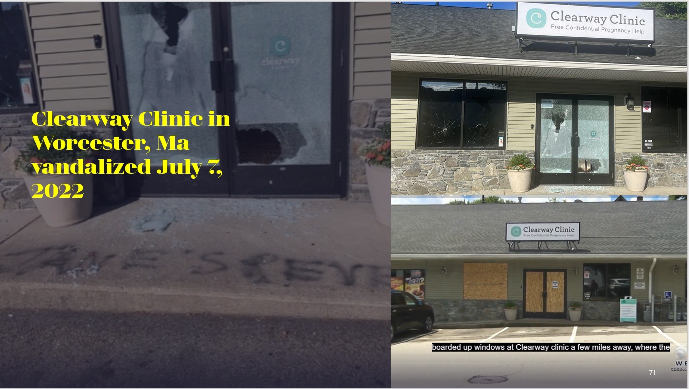 Clearway Clinic in Worcester MA vandalized July 7 2022 and tagged Janes Revenge