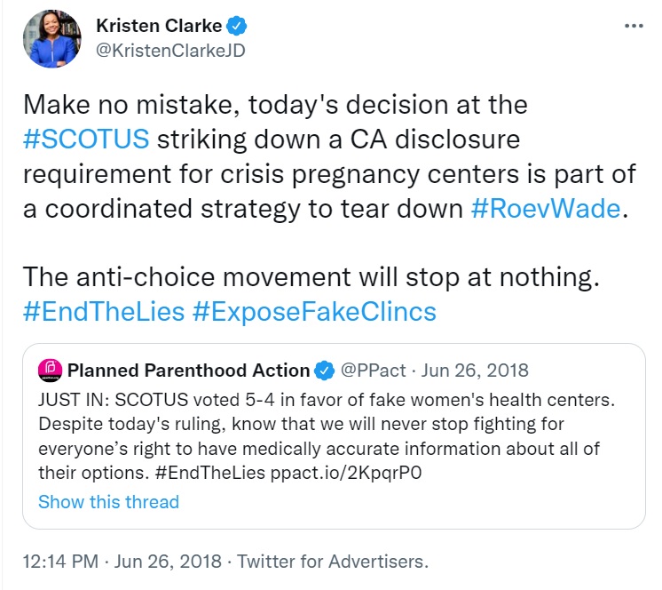 Image: Office of Civil Rights Kristen Clarke calls pro-life pregnancy centers fake clinics (Image: Twitter) 